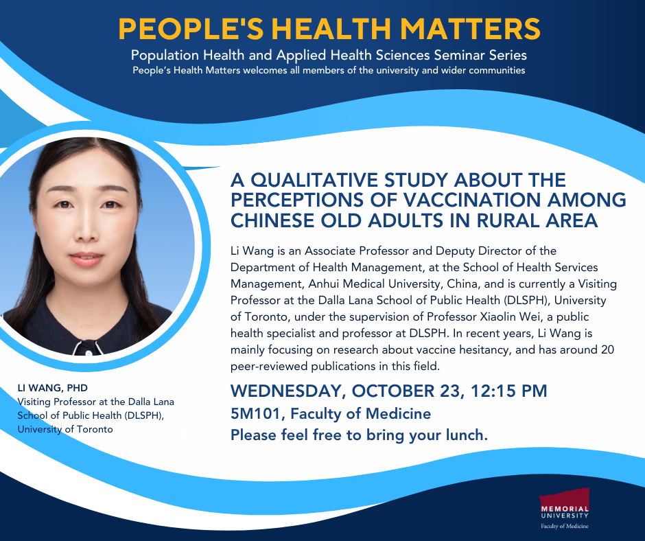Graphic of Peoples Heallth Matters poster for October 23, 2024 – Dr. Li Wang
